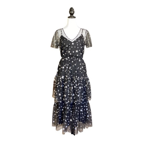ModCloth Black Silver Star Print Ruffle Tiered Tulle Midi Dress Size M - Picture 2 of 8